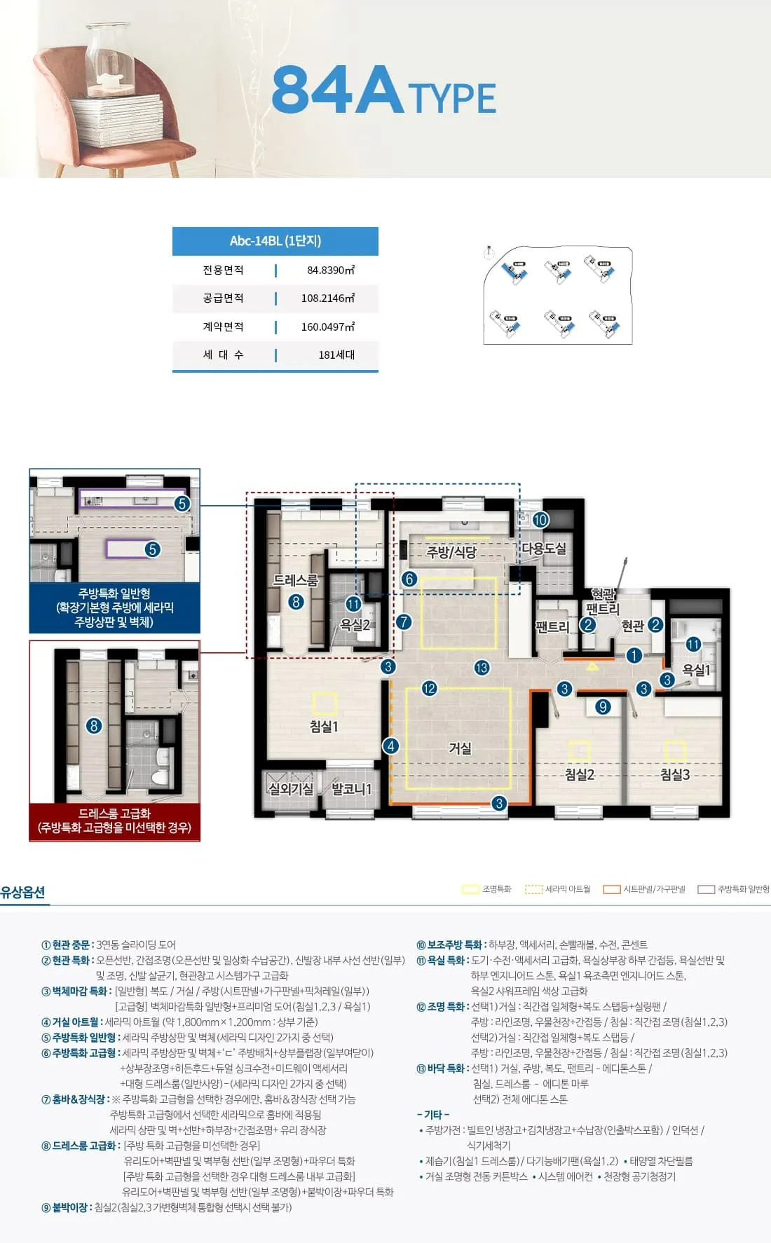 전용면적 84㎡ 평면도 구조를 보여주는 평택고덕수자인풍경채 유니트 안내